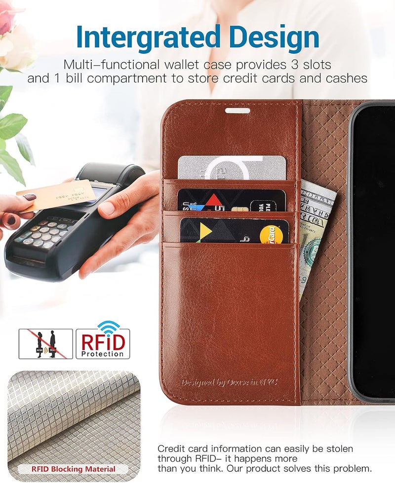 OCASE Compatible with iPhone 13 Wallet Case, PU Leather Flip Folio Case with Card Holders RFID Blocking Kickstand [Shockproof TPU Inner Shell] Phone Cover 6.1 Inch 2021 (Brown) - Image 3